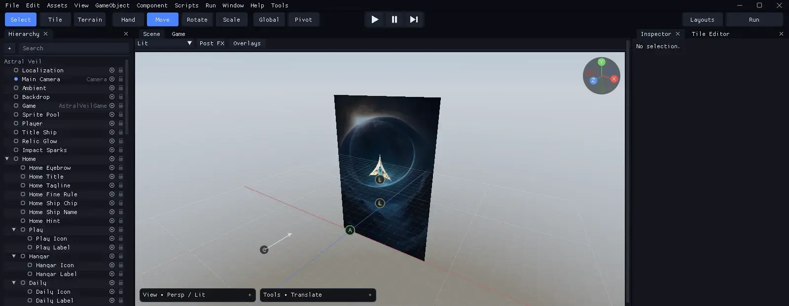 Actual Conqrex editor showing Astral Veil’s hierarchy, scene viewport and inspector